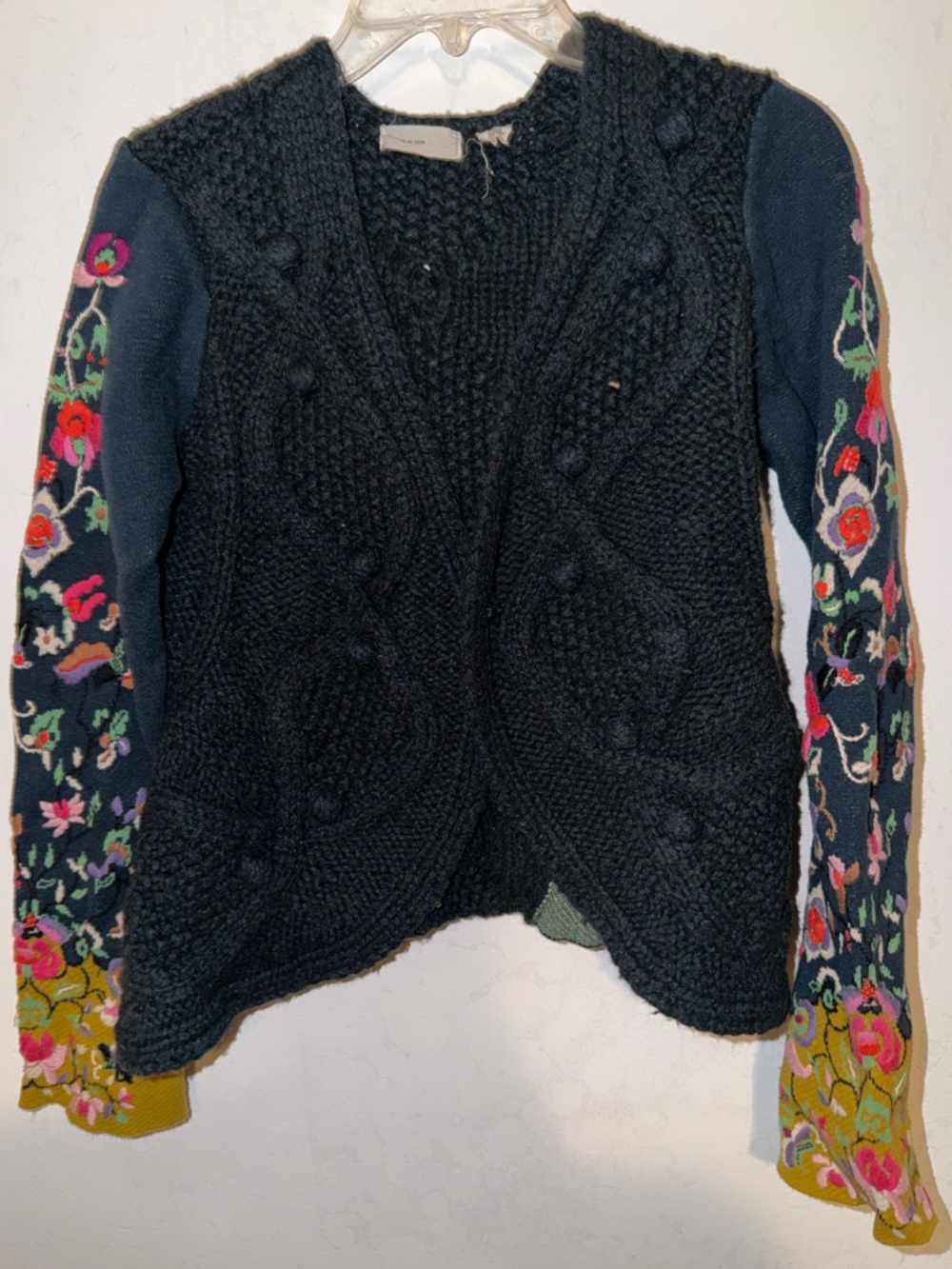 Vintage black Knit Women's Cardigan with Floral Embroidered Sleeves
